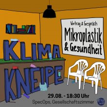 Bild zeigt eine Bar mit dem Schriftzug Klima Kneipe, zwei Plastikstühle und viel Plastikmüll