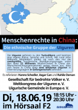 Flyer zur Vortragsveranstaltung ""Menschenrechte in China: Die ethnische Gruppe der Uiguren" am 18. Juni um 18.15 Uhr im Hörsaal F 2