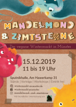 Plakat zum Veganen Wintermarkt Münster, das von mehreren niedlichen Monstern bevölkert wird