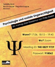 Psychologie und soziale Ungerechtigkeit: Ein Vortrag über Klassismus von Philip Keeler. Wann? 17.06.2020 um 18:15  Wo? Zoom Meeting ID: 94008299729 Passwort: 918062
