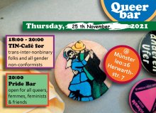 The image shows an open grey cardboard box containing some buttons and a yellow ribbon. On the button in the middel you see a dancing couple waering skirts and beards. Besides that some colorful text boxes show the details of the Queer Bar at leo:16 also described in the text. The bar is located at Herwartstraße 7 in Münster