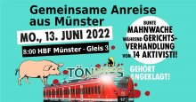Zug der über das Bild fährt mit Text "Gemeinsame Anreise aus Münster" zur Gerichtsverhandlung in Bielefeld - Tönnies gehört angeklagt!