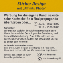 Ein Bild mit Kurzbeschreibung des Sticker-Design-Workshops und den beiden Terminen. Alle Infos finden sich auch im Text. 