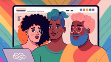 Gruppe von glücklichen polyamoren Menschen vor einem Laptop, die Ideen und Gedanken austauschen, bunt, queerschen, bunt, queer