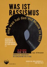 Der Veranstaltungsflyer für "Was ist Rassismus und was hat das mit Musik zu tun". In der Mitte des Bildes findet sich eine schwarz gelesene Frau, deren lange Haare visuell durch eine halbe Schallplatte dargestellt sind, um grafisch den Zusammenhang zu Musik herzustellen.