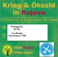 Bild mit Titel und Untertitel des Vortrags mit Zeitpunkt und Ort, dem Logo von Make Rojava Green again (eingeladene Gruppe) und Ende Gelaende Muenster (veranstaltende Gruppe)