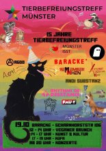 buntes Plakat mit großer scharzer Katze mit Partyhütchen und Text "15 Jahre Tierbefreiungstreff"