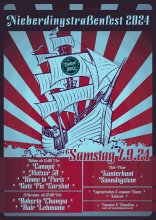 Nieberdingstraßenfest 2024 mit Canapé, Metzer 58, Home to Paris, Guts Pie Earshot auf der Bühne und dem kunterbunt soundsystem. Das Plakat in dunkelrot und grelltürkis zeigt das Piratenschiff, welches auf der Festwiese der Nieberdingstraße steht.