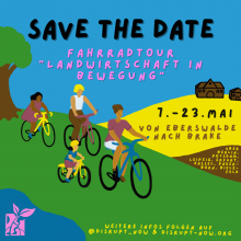 Butes Bild mit Menschen die Fahrrad fahren. Text: "Radtour "Landwirtschaft in Bewegung" Vom 7. bis 23. Mai 2025 Mit dem Fahrrad von Eberswalde nach Brake (über Berlin, Potsdam, Leipzig, Erfurt, Kassel, Paderborn und Bielefeld)"