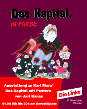 Sharepic zur kostenlosen Ausstellungseröffnung am Servatiiplatz in Münster, 01.08.2025, Einblick in Jari Banas' Comic über Karl Marx’ Das Kapital