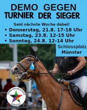 poster für eine demo gegen das turnier der sieger, ein springturnier. zu sehen ist ein pferd, das große augen hat und das maul weit geöffnet- Es sieht ängstlich und gestresst aus.