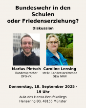 Flyer zur Diskussionsveranstaltung "Bundeswehr in den Schulen oder Friedenserziehung?" mit den Fotos der Referent:innen