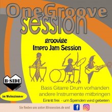 Quadratischer Flyer zur One Groove Session. Obere Hälfte: der Titel One Groove Session, mittig eine Charakterisierung groovige Impro-Jam-Session und ein Bild von drei Strichmännchen, die Trommeln, Schlagzeug und Bass spielen. Unten links: Herzlogo des B-Side-Kultur e.V. darunter die Anmerkung im Wohnzimmer. Rechts unten steht die Anmerkung Bass, Gitarre, Drum vorhanden, andere Instrumente mitbringen. Eintritt frei, um Spenden wird gebeten. Ganz unten Hinweise auf die Website afrosession.de, FB und Insta