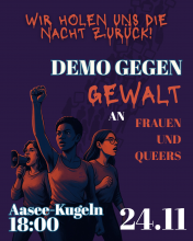 sharepic: Wir holen uns die Nacht zurück! Demonstration gegen Gewalt an Frauen und Queers. 24.11, 18 Uhr; Aaseekugeln. 