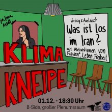 Bild zeigt eine Bar mit dem Schriftzug Klima Kneipe, Holzstühle und ein Poster von Jina Mahsa Amini 