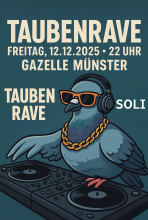 illustrierte Taube mit Sonnenbrille, Goldkettchen und Kopfhörern am DJ-Pult - Werbung für die soli-party, den Taubenrave