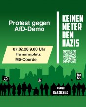 grünes plakat mit aufruf zum protest gegen die AfD-Demo von keinen meter den nazis am 07.2.26 9 uhr am Hamannplatz in Coerde
