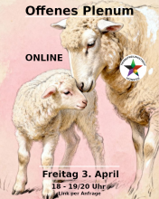 Illustration von Lamm mit Mutter auf pinken Hintergrund. Dazu Werbetext fürs Offene Plenum am 3. April 2026, von 18 bis 19 oder 20 Uhr. Link per Anfrage