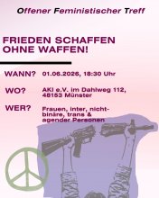 Eine Person hält ein Gewehr hoch, das in zwei gerissen wird. Daneben ein peace-Zeichen