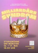 Milliardärssyndrom Theateraufführung, abgebildet ist ein Whiskeyglas mit Eiswürfeln und Eisbär
