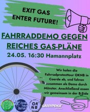FridaysForFuture Münster, Treibhausdefekt, OKNB, Greenpeace rufen zur Fahrraddemo am 24.05. um 16.30 Uhr am Hamannplatz auf. "Wir holen die Fahrradprotesttour OKNB aus Coerde ab und fahren als Demo durch Anschließend gibt es Essen in der B-side."