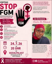 Flyer zu FGM/C Vortrag über weibliche Genitalverstümmelung/-beschneidung, von Khadra Ali Mohamed