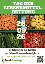 Einladung zum Tag der Lebensmittelrettung am 26.09. ab 12.00Uhr auf dem Harsewinkelplatz. Für die Fairteilung der Lebensmittel bitte eigene Brottüten, Beutel und Dosen mitbringen