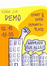 Hochhaus mit Faust und Kleine Häuser aus deren Schornsteinen eine Sprechblase steigt