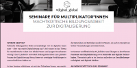 Flyer: #digital_glboal Seminare für Multiplikator*innen [Menschen im Stuhlkreis, Logo und Text "Worum es geht"]