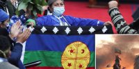 Vorsitzende der verfassunggebenden Versammlung Elisa Loncón, Vertreterin der indigenen Mapuche, die besonders unter Verfolgung leiden. Das rechte Foto wurde zum Symbolbild der Massen-Proteste, die im Herbst 2019 begannen. Auch dort ist die Fahne der Mapuche ganz an der Spitze zu sehen.