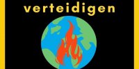 Ein schwarzes Bild mit einem gelben Rahmen drumherum und mit einer brennenden Erde (Vektorgrafik) in der Mitte. Darum in Gelb die Information: "In Münster 1,5 Grad verteidigen. Fahrraddemo 16.2. 16Uhr Stubengasse." 