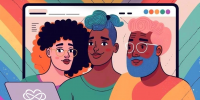 Gruppe von glücklichen polyamoren Menschen vor einem Laptop, die Ideen und Gedanken austauschen, bunt, queer