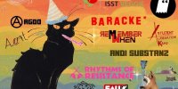 buntes Plakat mit großer scharzer Katze mit Partyhütchen und Text "15 Jahre Tierbefreiungstreff"