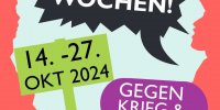 Ankündigung zu den Kritischen Orientierungswochen 2024: Silhouetten von Menschen mit Sprechblasen und Schildern in/auf denen steht (Reihenfolge von oben nach unten): Kritische Orientierungswochen; 14.-27.Okt 2024; Gegen Krieg & Kapitalismus; WIr haben eine Welt zu gewinnen!