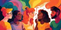 Gruppenbild von glücklichen, polyamoren Menschen, die Ideen und Gedanken austauschen, bunt, queer