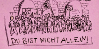 Ein gezeichnetes Sharepic auf rosa Hintergrund. Menschen demonstrieren. Darunter der Text "Du bist nicht allein". Weiterer Text auf dem Bild: "solidarische Prozessbegleitung", "06.02. Kundgebung ab 12:00 Verhandlung ab 13:00", "Prozess nach Protest gegen AfD-Neujahrsempfang 2024", "Amtsgericht Münster"