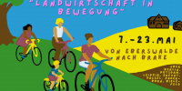 Butes Bild mit Menschen die Fahrrad fahren. Text: "Radtour "Landwirtschaft in Bewegung" Vom 7. bis 23. Mai 2025 Mit dem Fahrrad von Eberswalde nach Brake (über Berlin, Potsdam, Leipzig, Erfurt, Kassel, Paderborn und Bielefeld)"