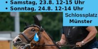 poster für eine demo gegen das turnier der sieger, ein springturnier. zu sehen ist ein pferd, das große augen hat und das maul weit geöffnet- Es sieht ängstlich und gestresst aus.