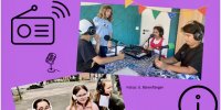 Flyer mit zwei Fotos, die Teens mit Aufnahmegerät und Mikrofon im Studio und draußen zeigen. Dazu Radio-Symbol und Logos der Förderer sowie Informationen zur Anmeldung und den Daten zum Projekt.
