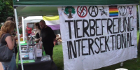 werbe-poster für infostand beim viertel-fest im mauritz-viertel. Zu sehen ist ein Foto vom Infostand mit Pavillion und einem sehr großen banner: "Tierbefreiung intersektional". Das ganze ist auf einem rosa-blau-gelb-gemischten Hintergrund