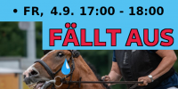 Plakat für Demo gegen Turnier der Sieger auf hellblauen hintergrund. Groß in rot steht: Fällt aus! Auf der unteren Hälfte ist ein Pferd zu sehen, welches beritten wird. Die Zügel werden gezogen und der Mund ist weit geöffnet. Es ist zu sehen, dass das Pferd leidet.