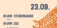 Plakat zur Demo oben Titel Solidarität statt Abschottung Fahrraddemo zur ZUE 19.08. Darunter die Programmpunkte und Zeiten 18 Uhr Stubengasse Start 19 Uhr ZUE Kundgebung - Zentrale Unterbringungseinrichtung Aberdeenweg 1 20 Uhr GAZO Küche für Alle rechts neben den Programmpunkten ist eine Zeichnung eines Stacheldrahtzauns zu sehen